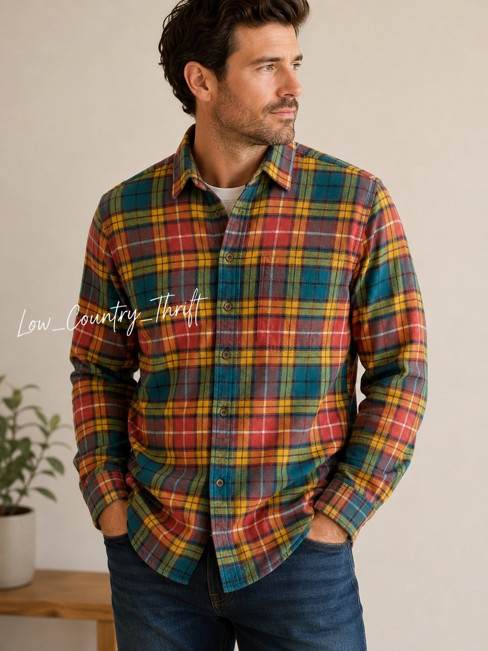 J.Crew Flannel Shirt XL Green Yellow Red Plaid 100% Cotton Button Down Mens